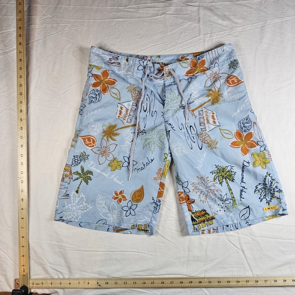 LASC Board Shorts Men's Medium Blue Hawaiian Tropical Aloha Print Swim Trunks...